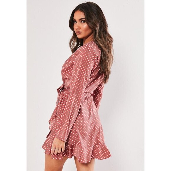 NWT Missguided Sz 2 Wrap Front Ruffled Dot Tea Dress Belt Silky Pink Brown xs - Picture 9 of 12